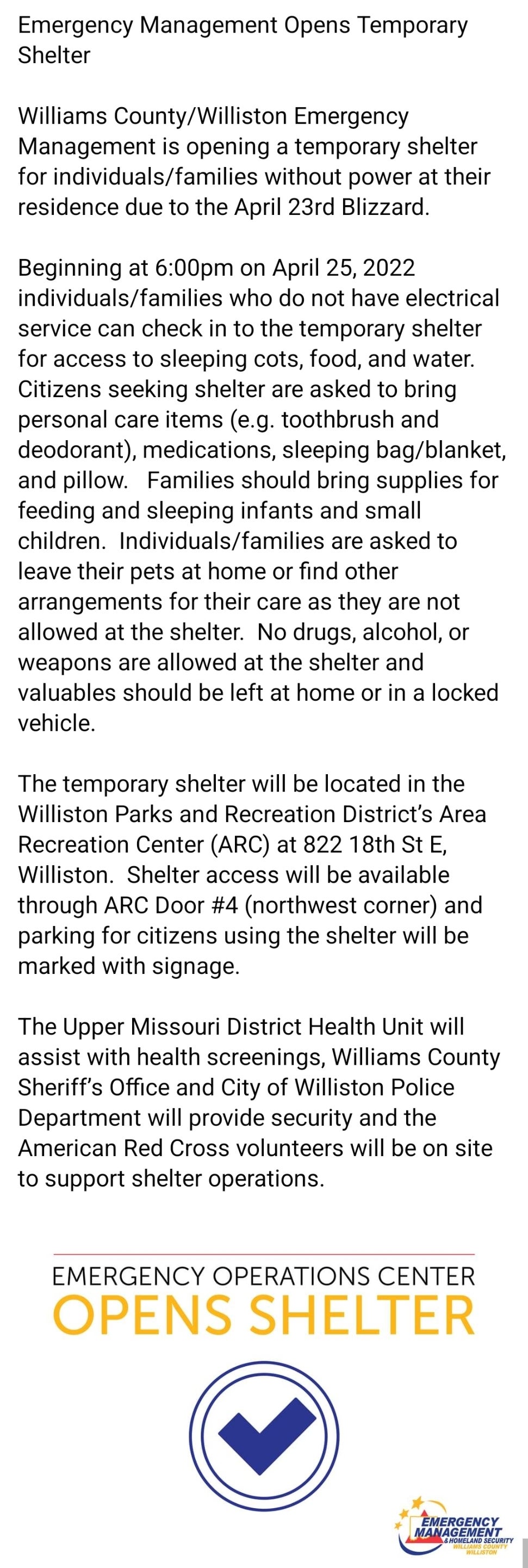 Williams County Emergency Shelter PR